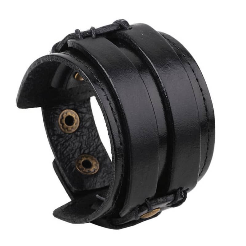 Bracelet en cuir noir pour homme et femme style biker avec boutons pression en métal