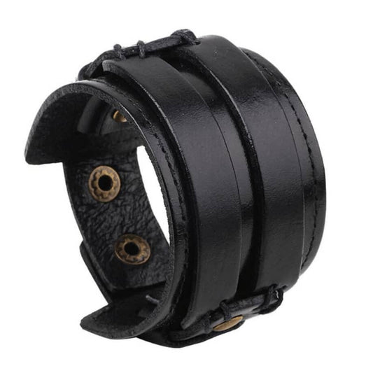 Bracelet en cuir noir pour homme et femme style biker avec boutons pression en métal