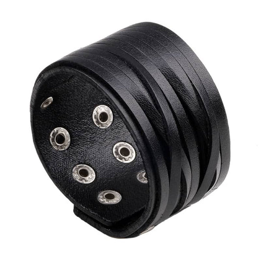 Bracelet en cuir noir style biker avec pressions pour homme et femme