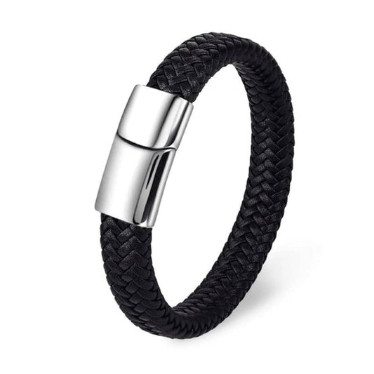 Bracelet en cuir noir tressé avec fermoir argenté pour homme et femme