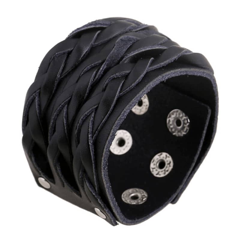 Bracelet homme cuir noir tressé style biker rock