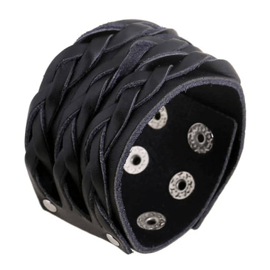 Bracelet homme cuir noir tressé style biker rock