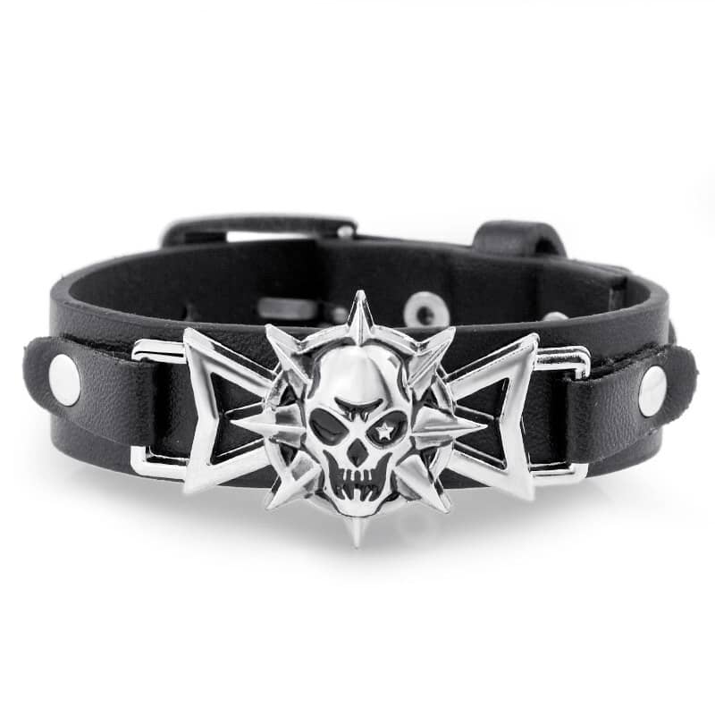 Bracelet en cuir noir avec tête de mort métallique pour homme et femme style biker