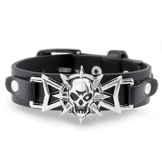 Bracelet en cuir noir avec tête de mort métallique pour homme et femme style biker