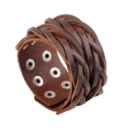 Bracelet en cuir tressé marron pour homme style biker avec œillets inox