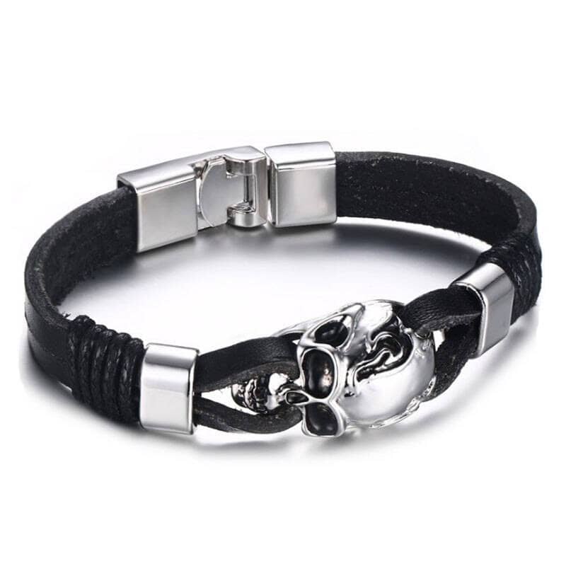 Bracelet gothique en cuir noir pour homme avec tête de mort biker en acier