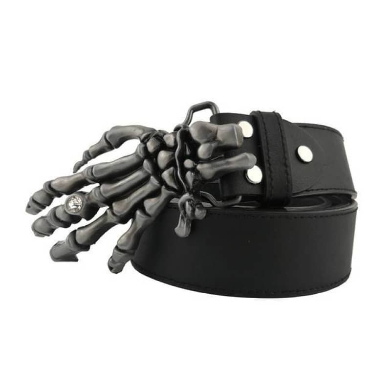 Ceinture gothique unisexe avec boucle main squelette en alliage noir et sangle en cuir noir ajustable
