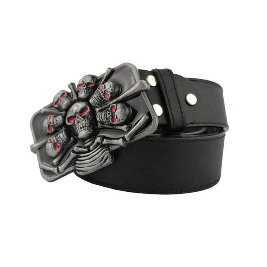 Ceinture biker en cuir noir avec boucle décor tête de mort 7 crânes rouges