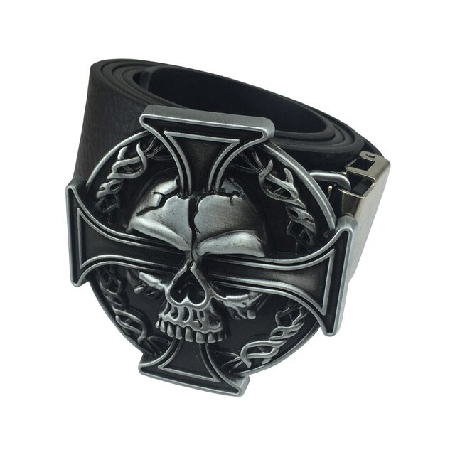 Ceinture biker pour homme en cuir avec boucle tête de mort métallique