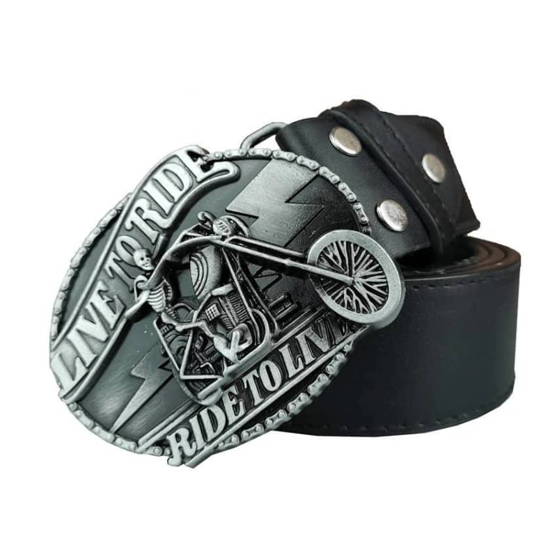 Ceinture biker homme en cuir avec boucle moto chopper gravée Live to Ride