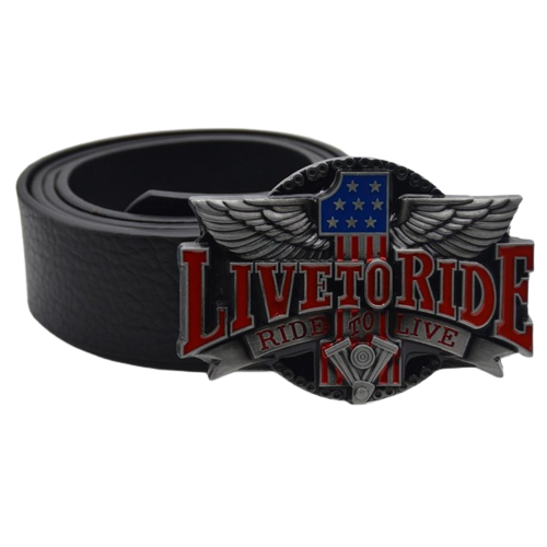 Ceinture biker Live to Ride USA, cuir noir, boucle drapeau américain, ailes et moteur V-twin.