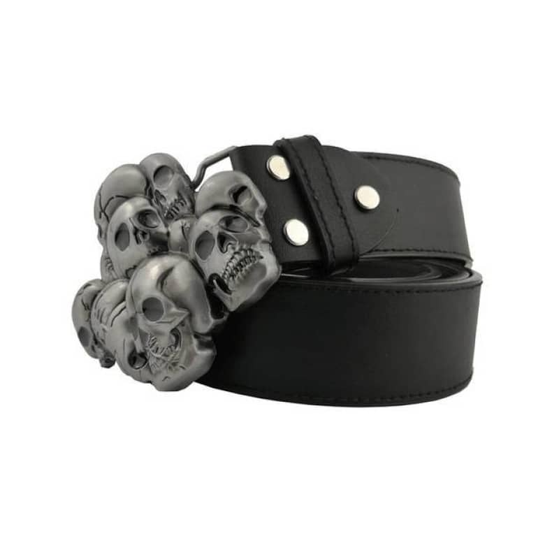 Ceinture biker pour homme en cuir noir avec boucle tête de mort en métal argenté