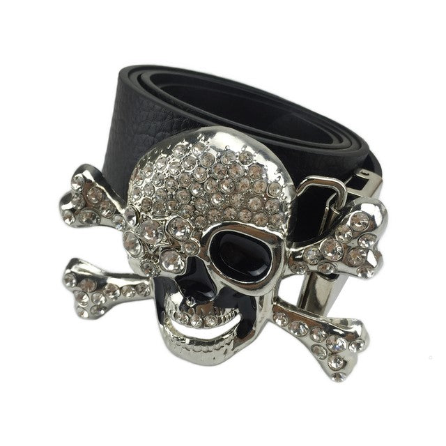 Ceinture femme tête de mort en cuir avec boucle strass brillante style rock