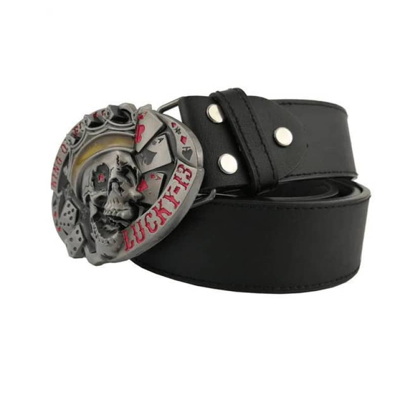 ceinture biker noire avec boucle tête de mort Lucky 13 en alliage de zinc