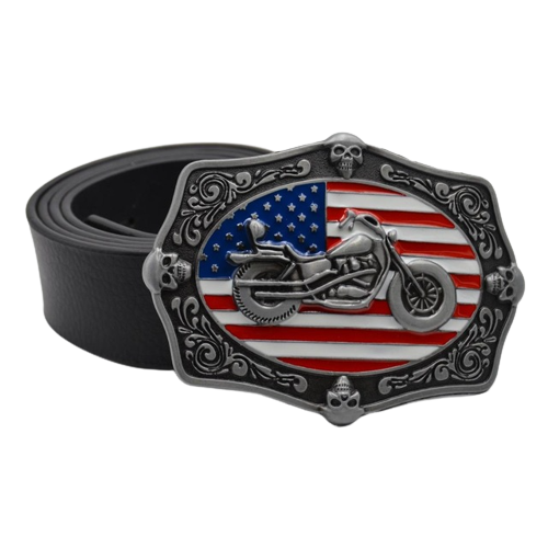 ceinture cuir avec boucle moto Route 66 et drapeau USA pour style biker homme ou femme