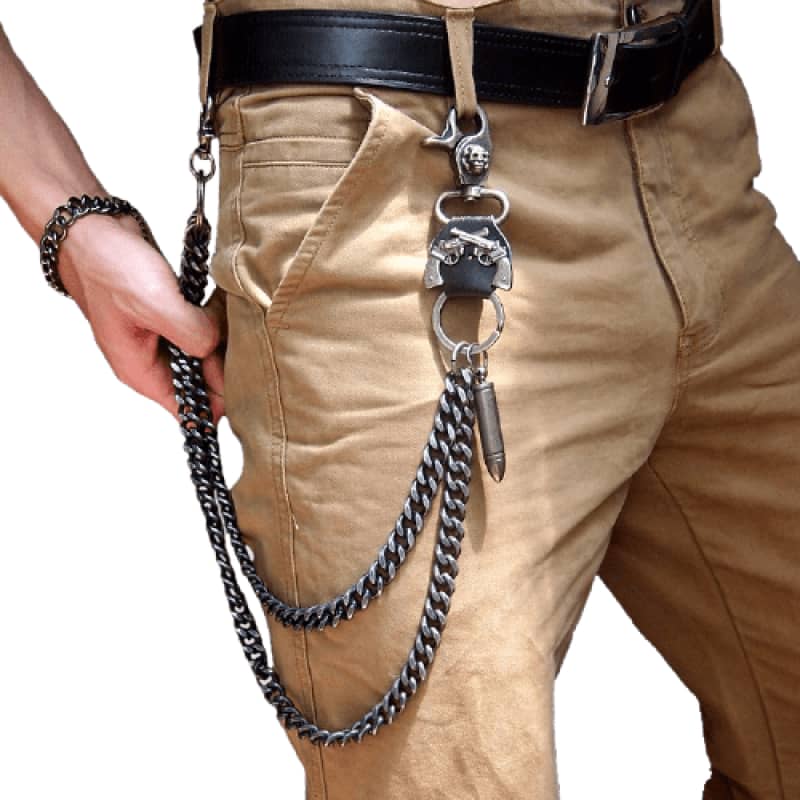 Chaîne de pantalon biker Revolver & Balle en acier noir mat, double rangée.