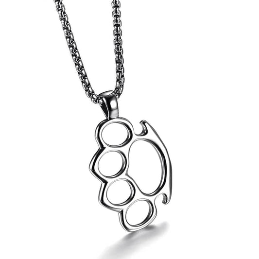 Collier pendentif poing américain en acier inoxydable argenté, style biker rock urbain et rebelle.