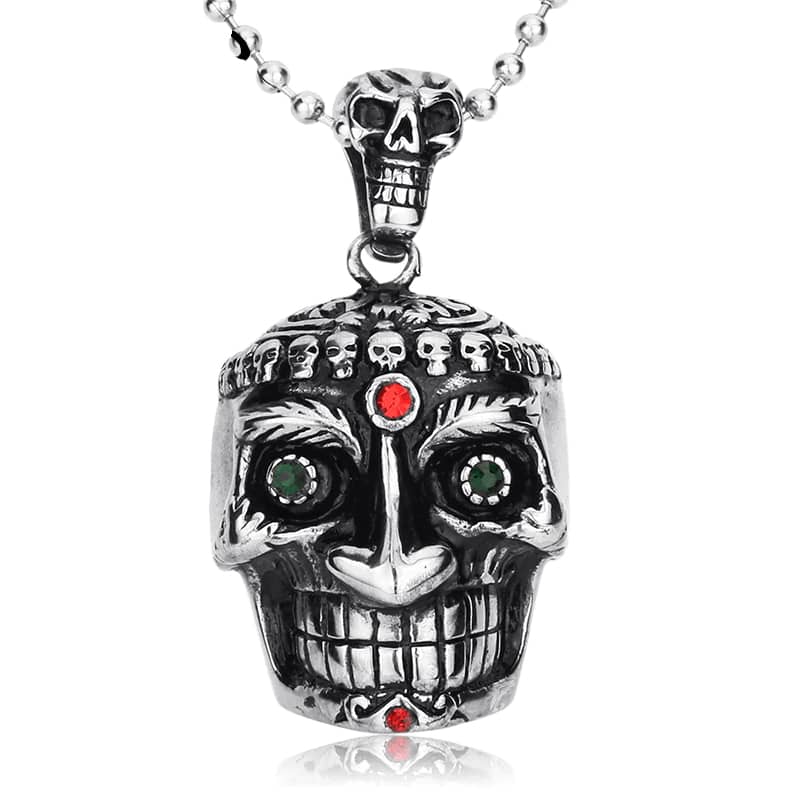 Collier tête de mort en acier inoxydable 316L avec pierres rouges et vertes pour homme et femme, style gothique et biker.