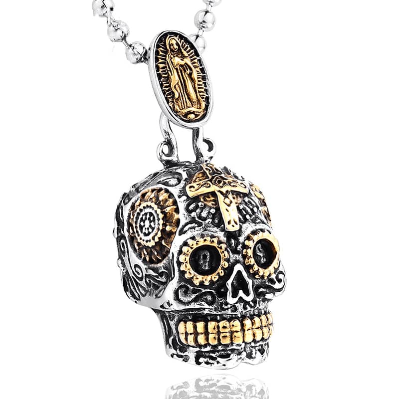 Collier tête de mort argent pour homme en acier 316L avec croix dorée et Vierge gravée, style biker religieux