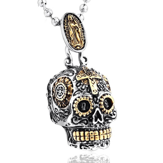 Collier tête de mort argent pour homme en acier 316L avec croix dorée et Vierge gravée, style biker religieux