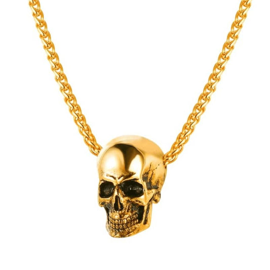Collier tête de mort doré en acier inoxydable 316L pour style biker ou gothique