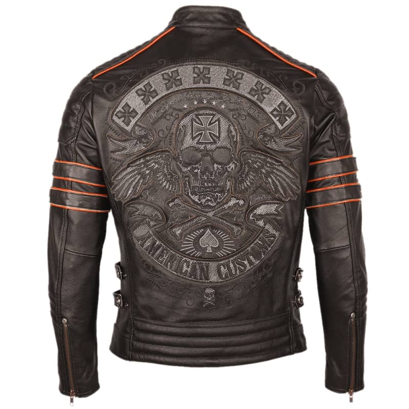 Blouson biker homme en cuir, broderie Tête de Mort Croix de Malte, bandes orange vif.