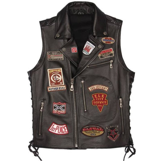 Gilet biker MC en cuir noir avec patchs brodés et fermeture éclair