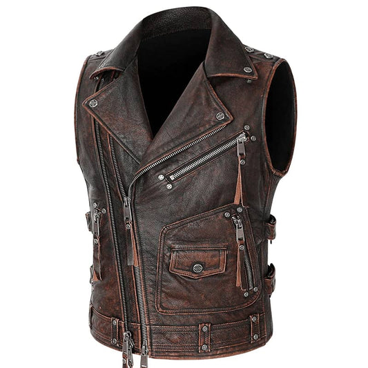 Gilet biker "Ride Free" en cuir véritable noir ou marron, avec poches zippées.