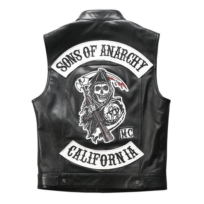 Gilet biker Sons of Anarchy en cuir de vachette, patchs brodés Faucheur authentiques