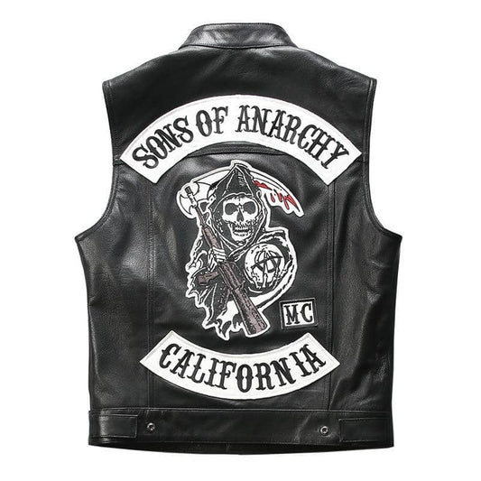 Gilet biker Sons of Anarchy en cuir de vachette, patchs brodés Faucheur authentiques