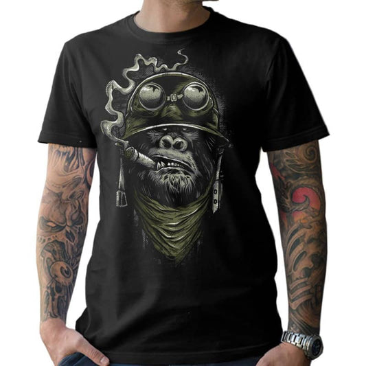 T-shirt motard noir Gorilla Biker, gorille au casque vintage et cigare.