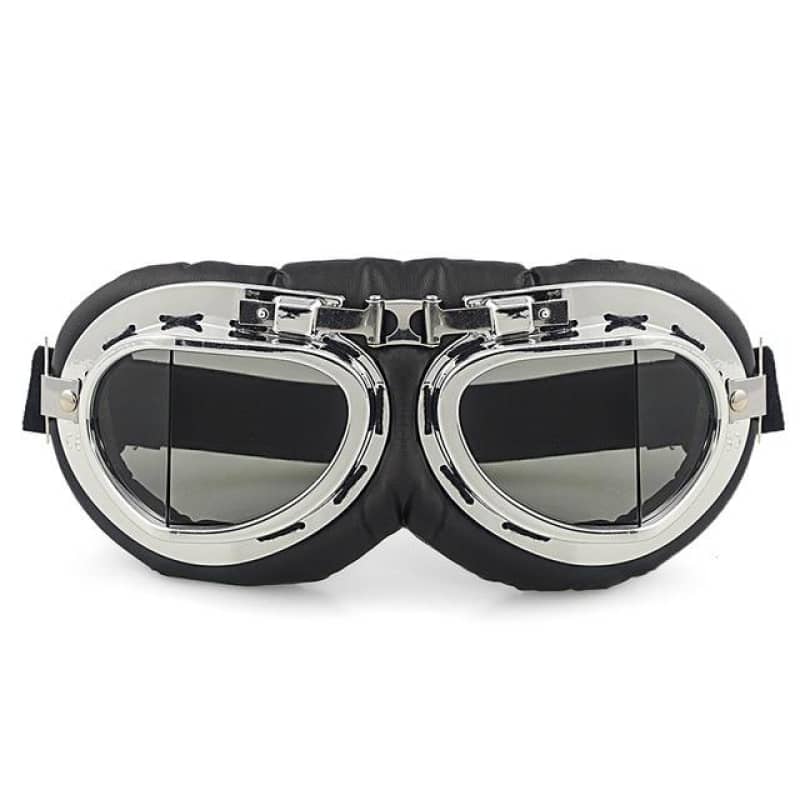 lunette moto aviateur chromée style rétro avec mousse noire et verre teinté fumé
