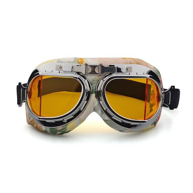 lunette moto camouflage militaire avec écran jaune et monture chromée style rétro