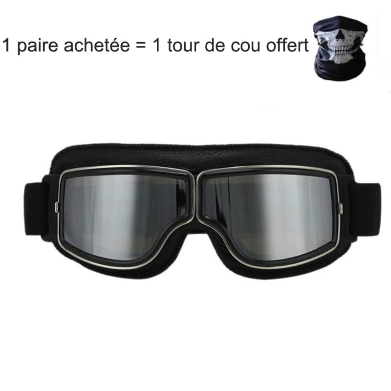 Lunette moto Skulled style aviateur en cuir noir, verres miroirs argentés pour motard.