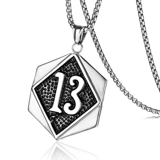 Pendentif homme motard Lucky 13 en acier inoxydable 316L avec design vintage noir et argent