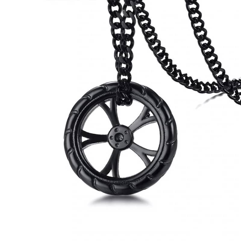 Pendentif roue de moto noir pour homme en acier 316L style biker