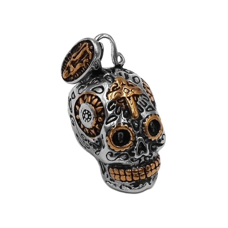 pendentif tête de mort mexicaine pour biker en acier inoxydable 316L avec détails dorés