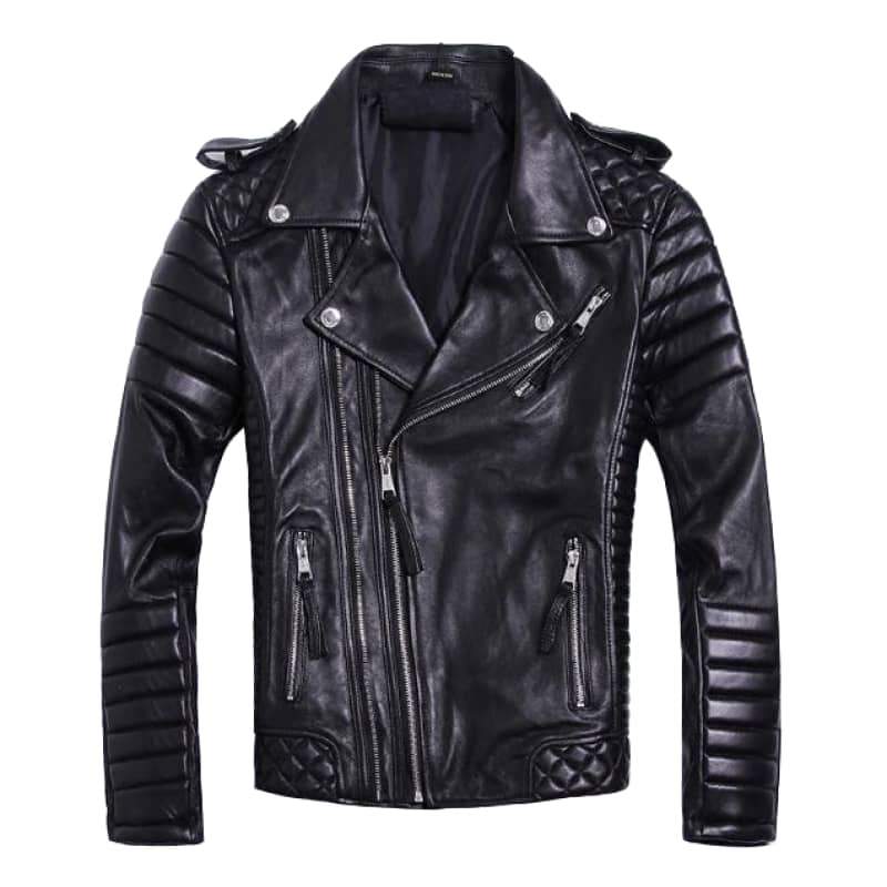 Veste Perfecto homme cuir noir, style biker, col cranté, zips, détails matelassés.