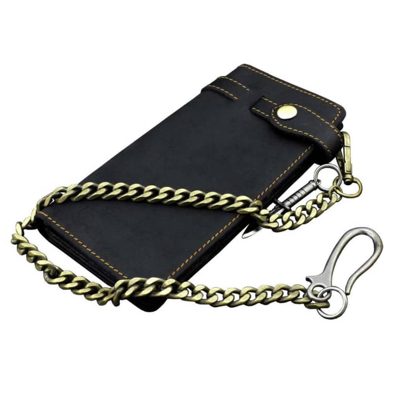 Portefeuille motard en cuir noir avec chaîne métallique, style biker vintage pour homme et femme
