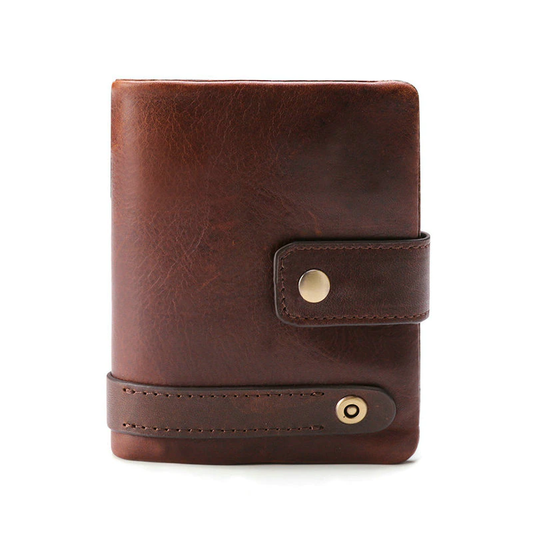 portefeuille biker en cuir marron pour motard homme avec fermeture bouton et finitions haut de gamme