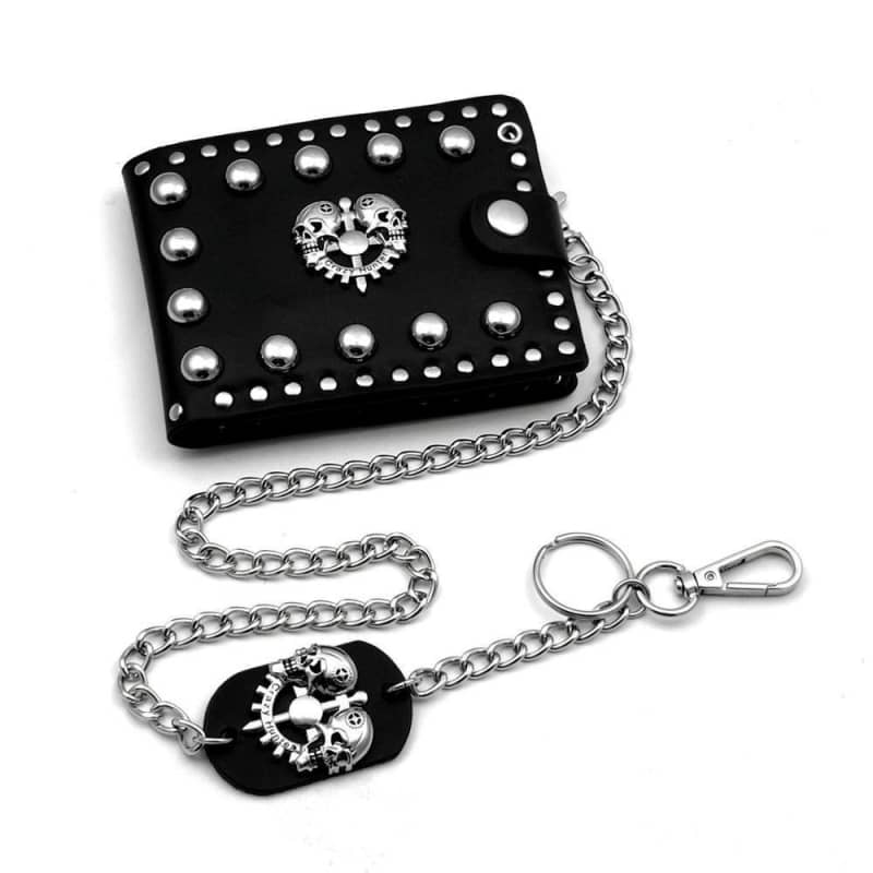 portefeuille femme biker en cuir noir avec tête de mort et chaîne métallique déco