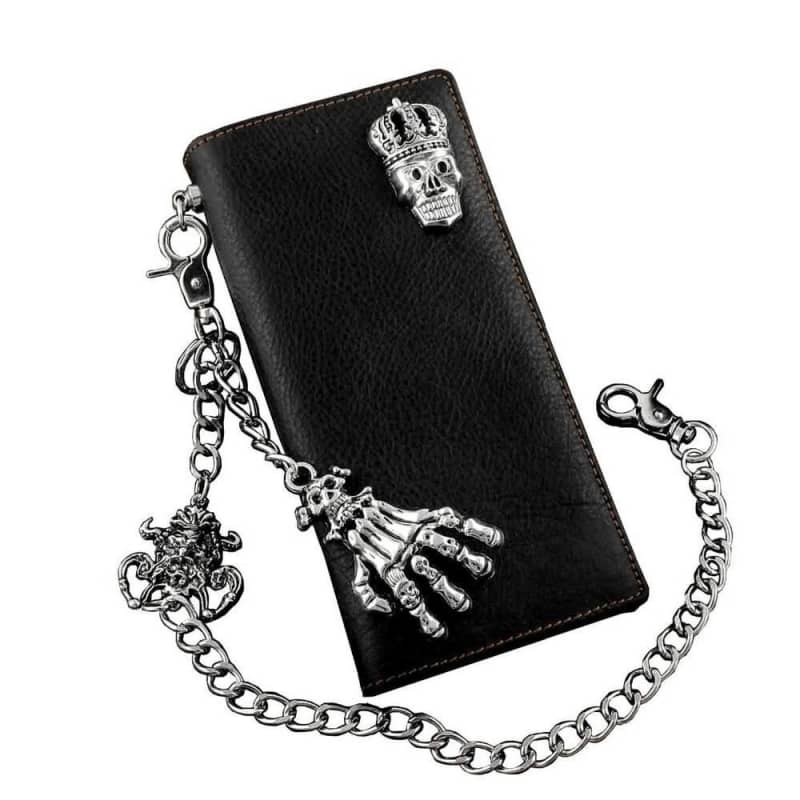 Portefeuille femme tête de mort en cuir noir avec chaîne métallique et décor squelette biker
