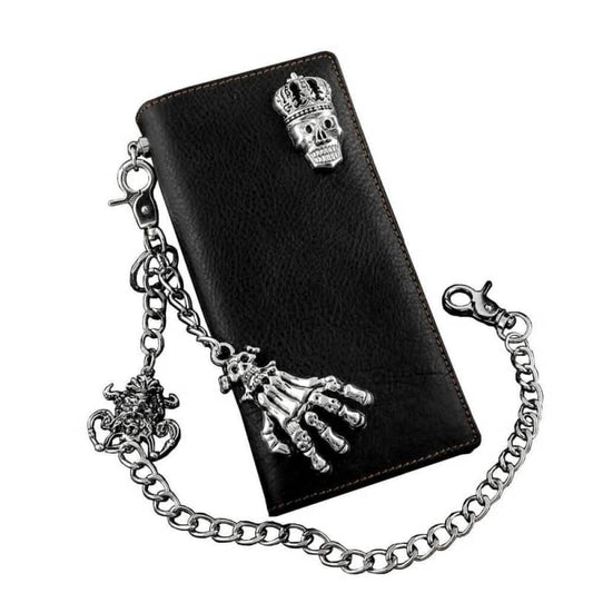 Portefeuille femme tête de mort en cuir noir avec chaîne métallique et décor squelette biker