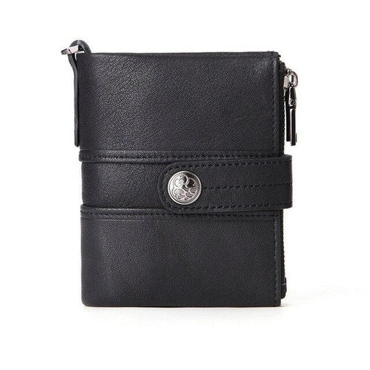 Portefeuille biker en cuir de vachette noir avec bouton pression et finition rock n roll