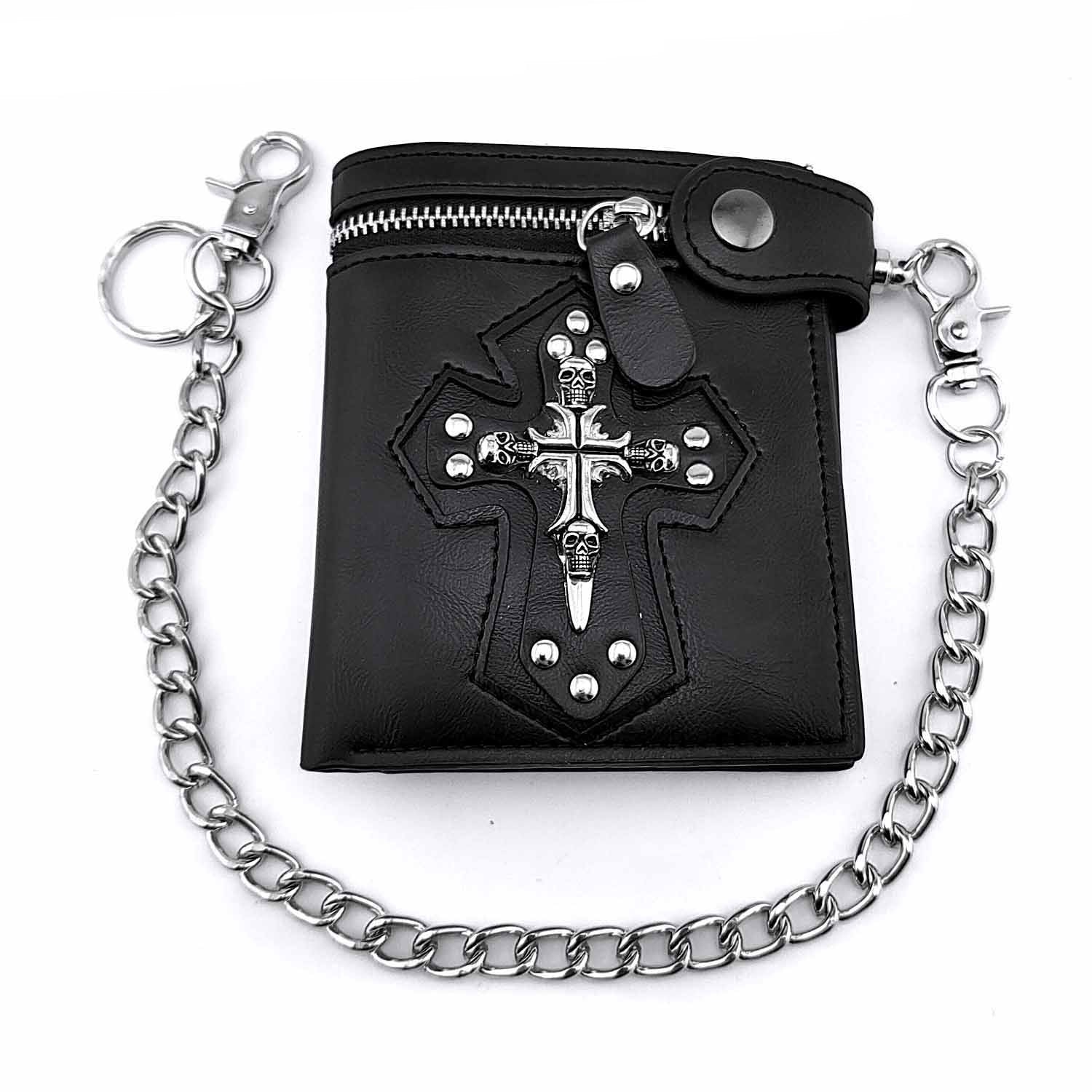 Portefeuille biker gothique noir avec croix tête de mort et chaîne chromée
