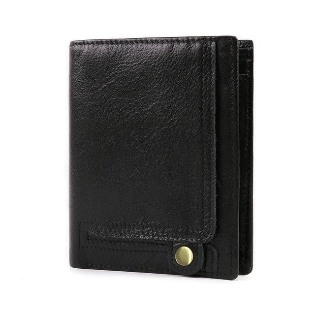 Portefeuille en cuir de vachette noir pour homme avec bouton pression élégant et coutures renforcées