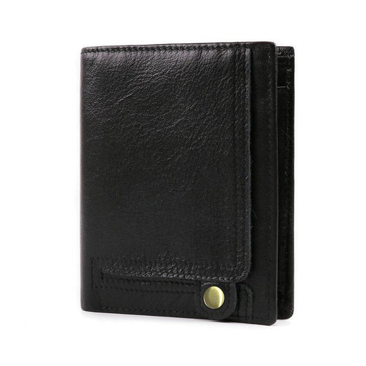 Portefeuille en cuir de vachette noir pour homme avec bouton pression élégant et coutures renforcées