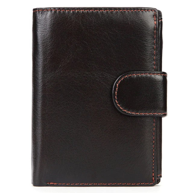 portefeuille en cuir noir pour homme avec couture rouge et fermeture bouton-pression, élégant et durable