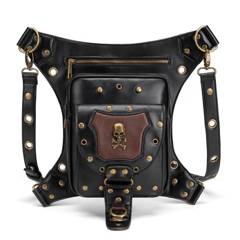 sacoche de hanches et jambes unisexe en cuir PU avec motif tête de mort, sangles ajustables, étanche, fermetures zippées sécurisées