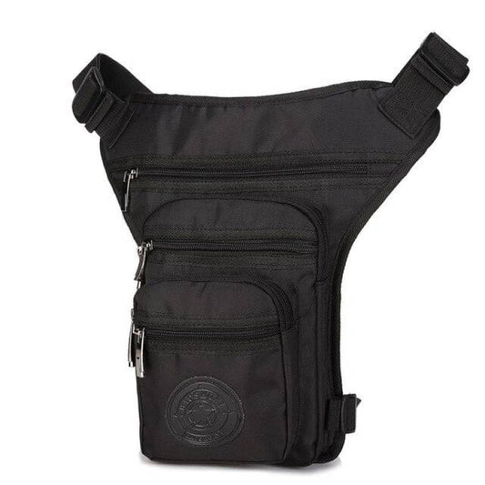 sacoche de cuisse moto unisexe en nylon et polyester imperméable, avec sangles réglables et multiples compartiments zippés, disponible en noir, bleu marine et marron